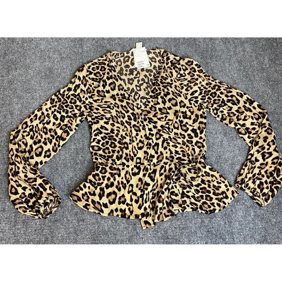 H&M Blouse Womens 4 Tan Black Leopard Long Sleeve Cross Tie Ruffle NEW Career‎ - Picture 1 of 10